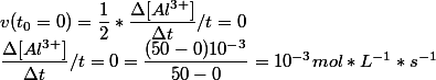 v(t_0=0)=\dfrac{1}{2}*\dfrac{\Delta[Al^{3+}]}{\Delta t}/t=0 
 \\ \dfrac{\Delta [Al^{3+}]}{\Delta t}/t=0=\dfrac{(50-0)10^{-3}}{50-0}=10^{-3} mol*L^{-1}*s^{-1}